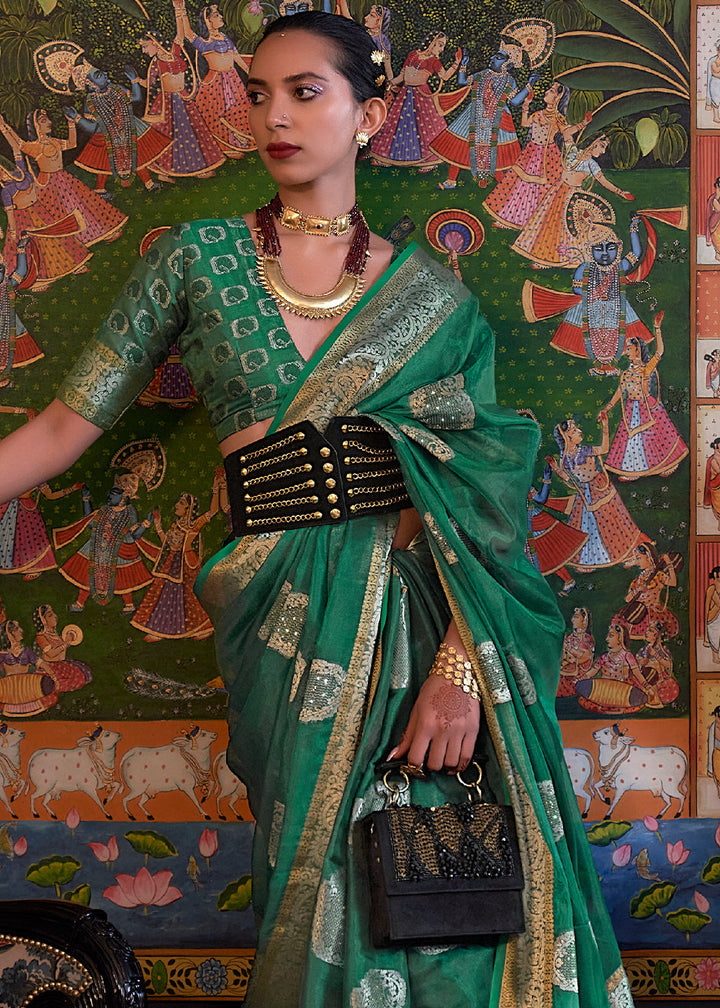 Greasy Green Handloom Woven Dual Tone Organza Silk Saree with Sequins Work