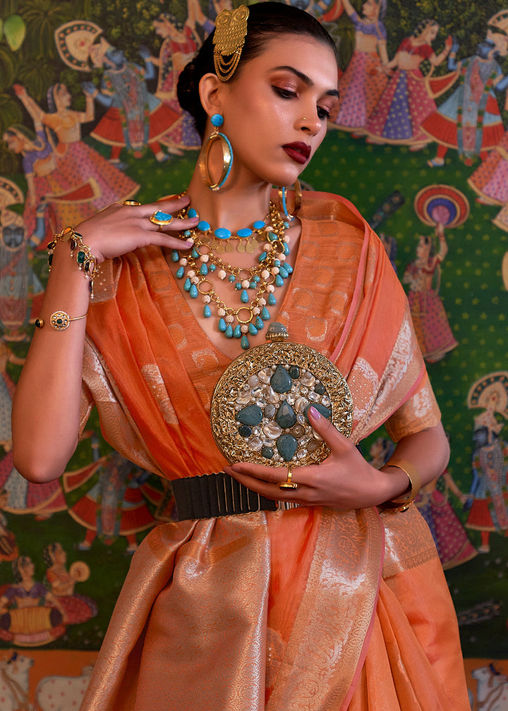 Coral Orange Handloom Woven Dual Tone Organza Silk Saree with Sequins Work