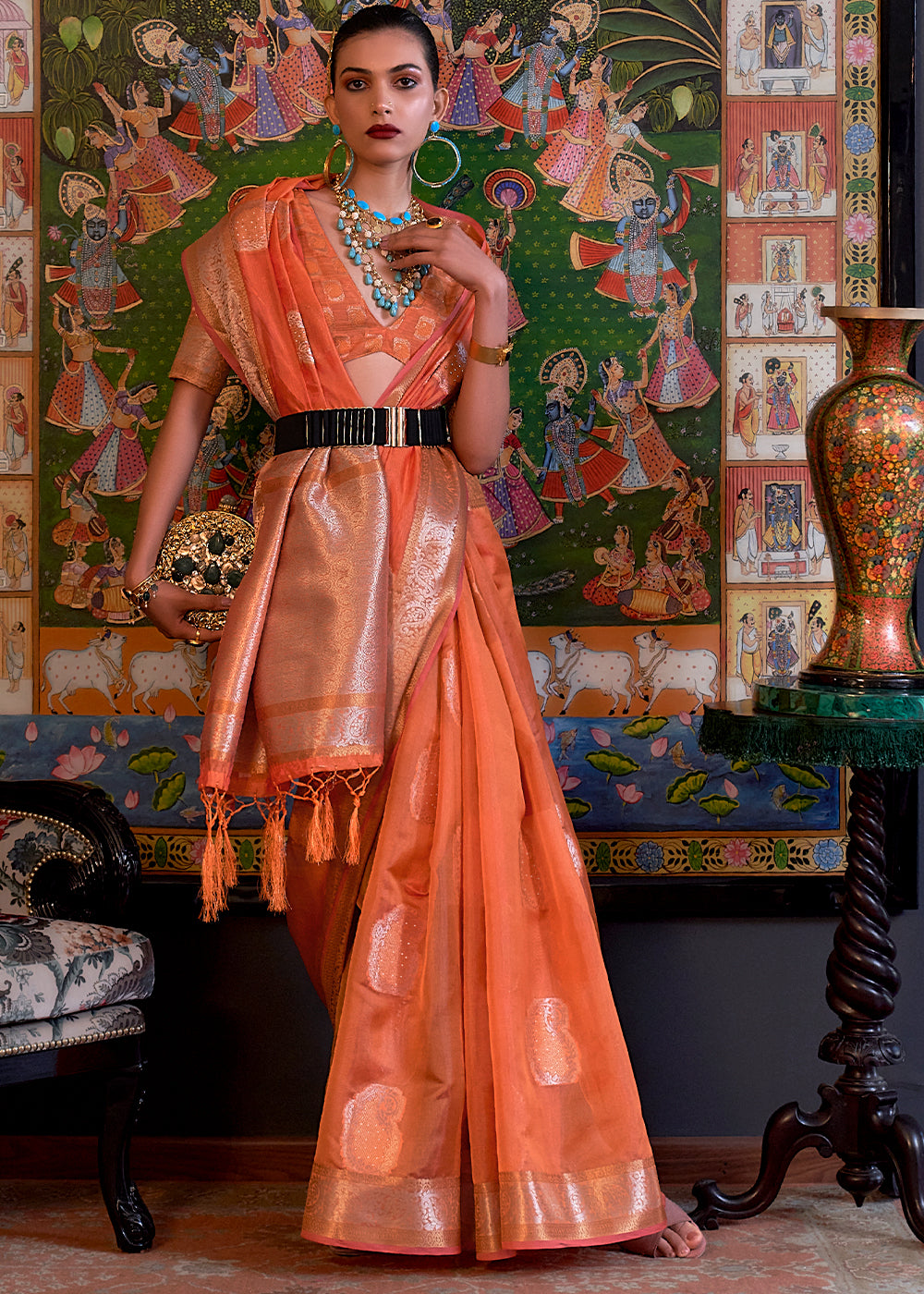 Coral Orange Handloom Woven Dual Tone Organza Silk Saree with Sequins Work
