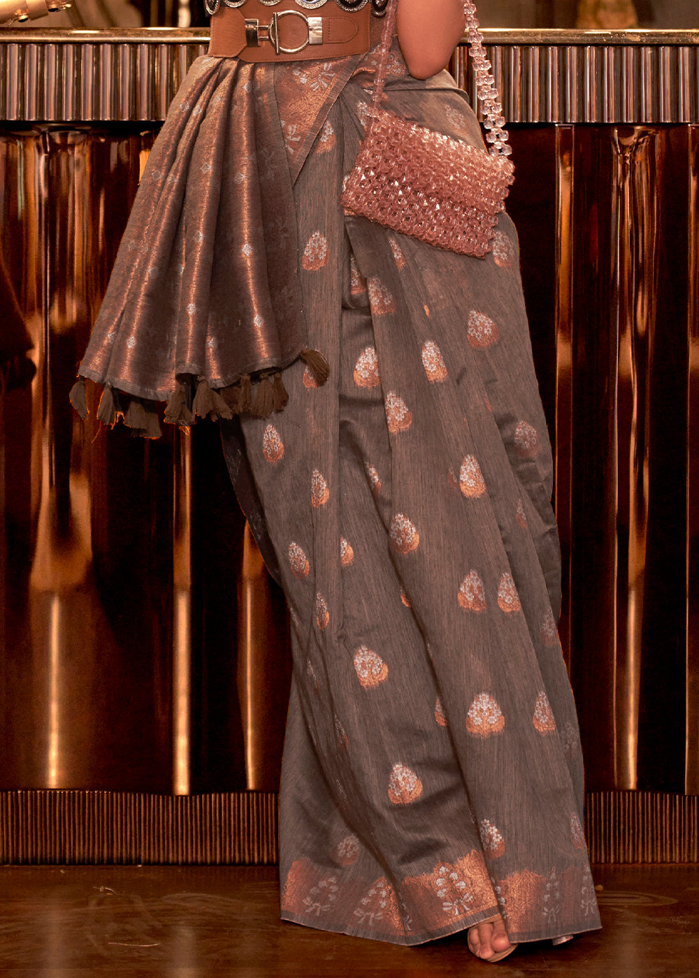 Umber Brown Copper Zari Woven Linen Silk Saree