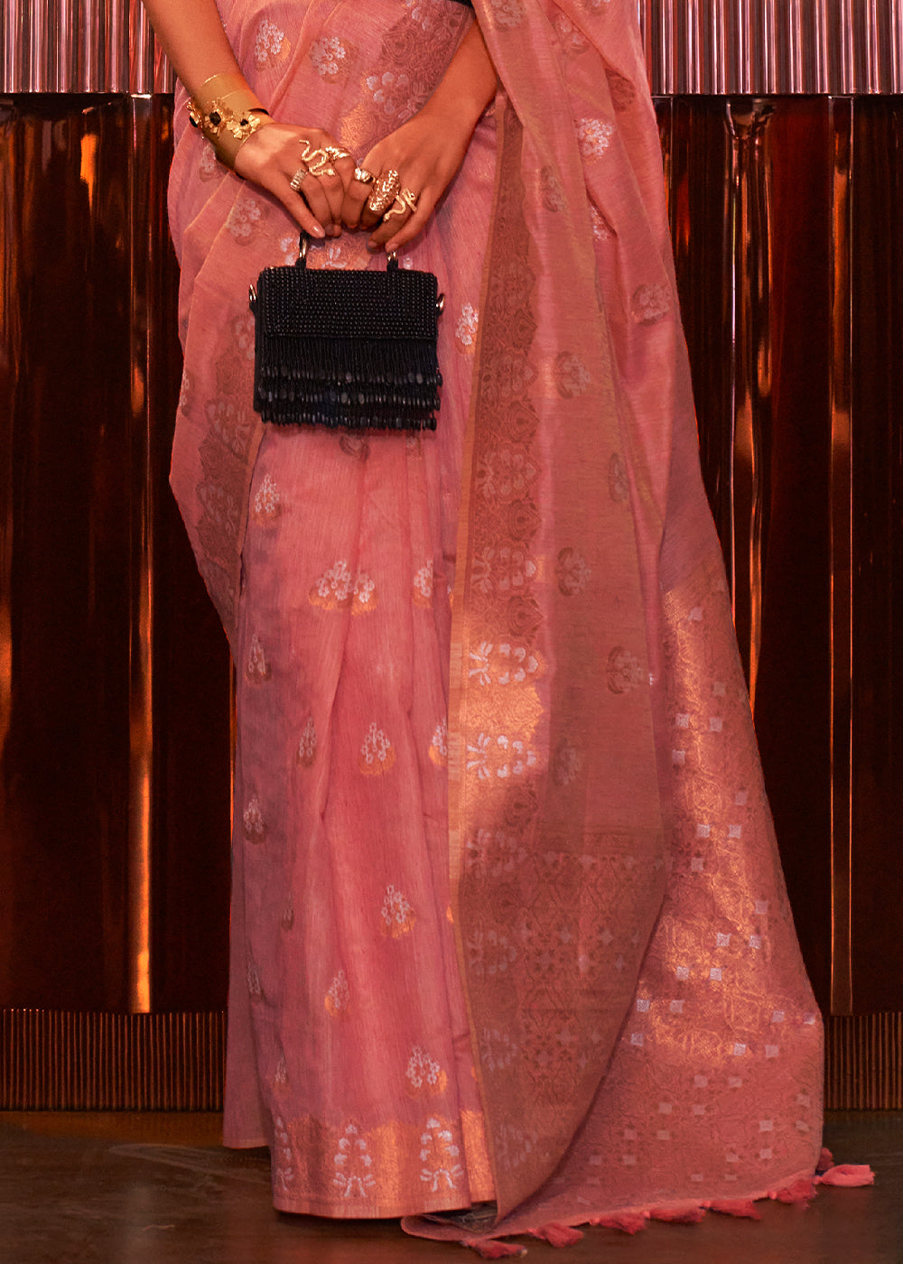 Shades Of Pink Copper Zari Woven Linen Silk Saree