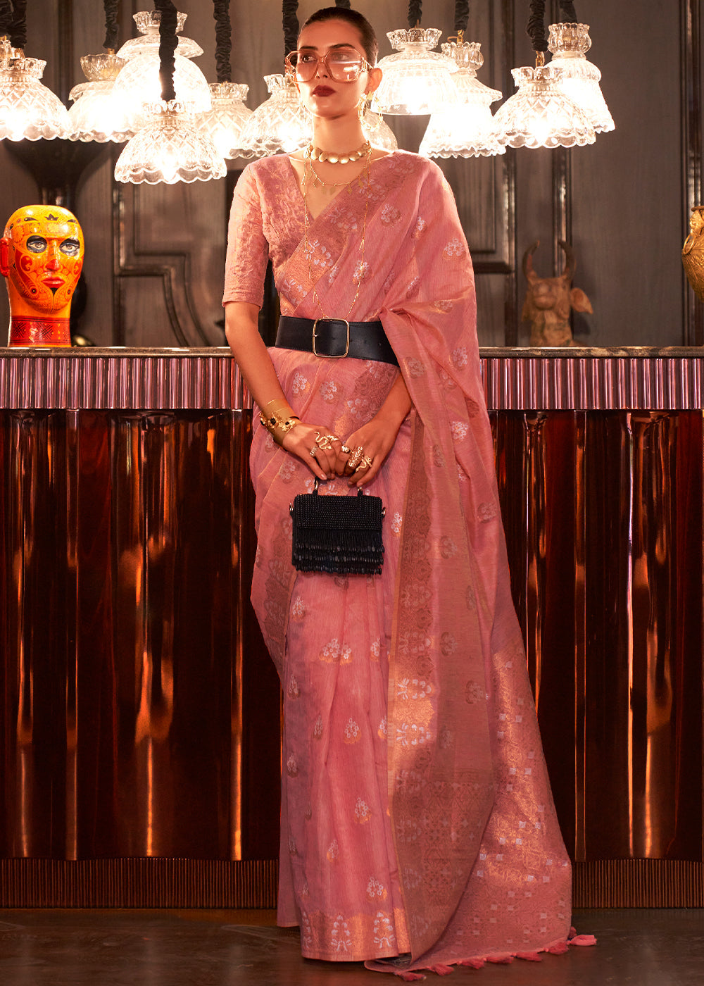 Shades Of Pink Copper Zari Woven Linen Silk Saree