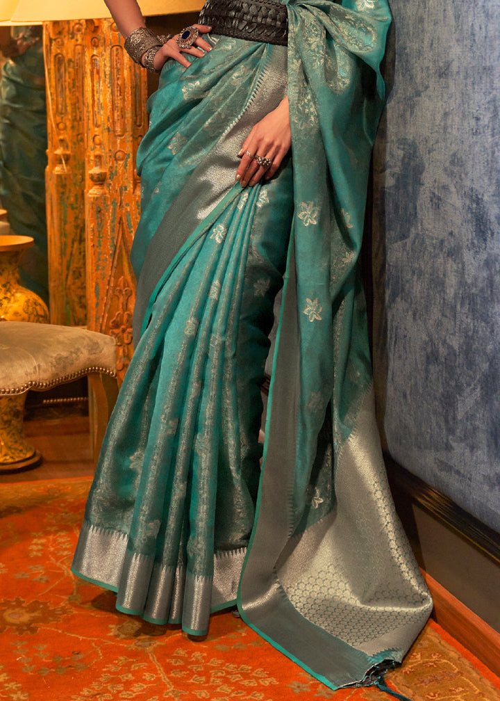 Dynasty Green Two Tone Handloom Woven Organza Silk Saree