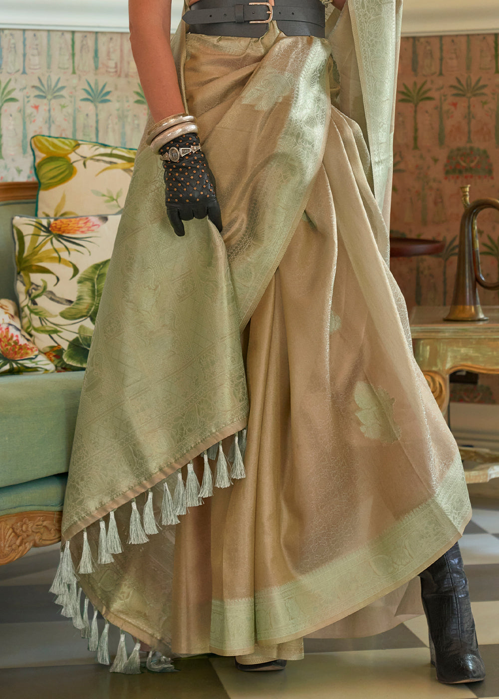 Brown & Green Woven Satin Tissue Silk Saree