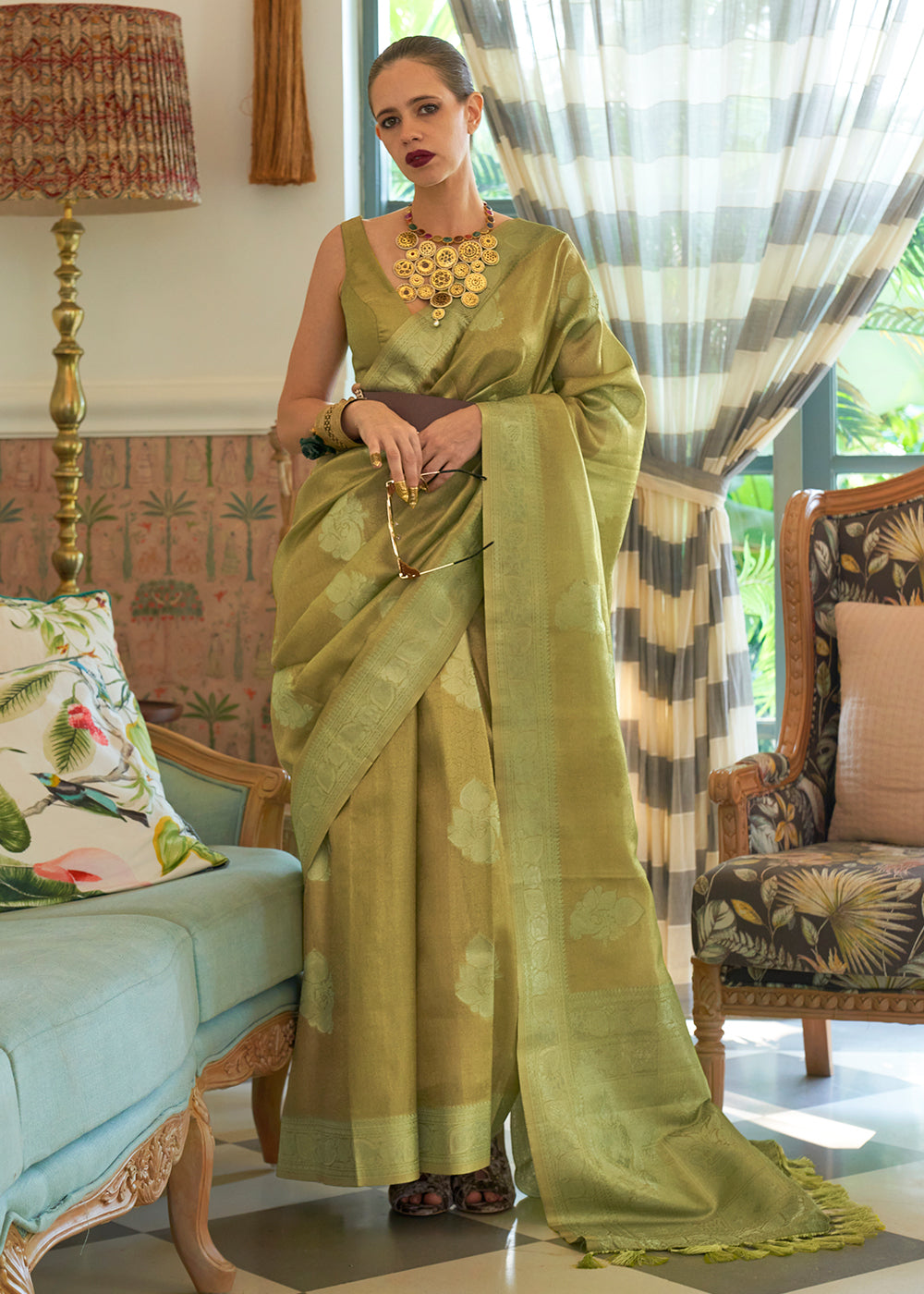 Shades Of Green Woven Satin Tissue Silk Saree