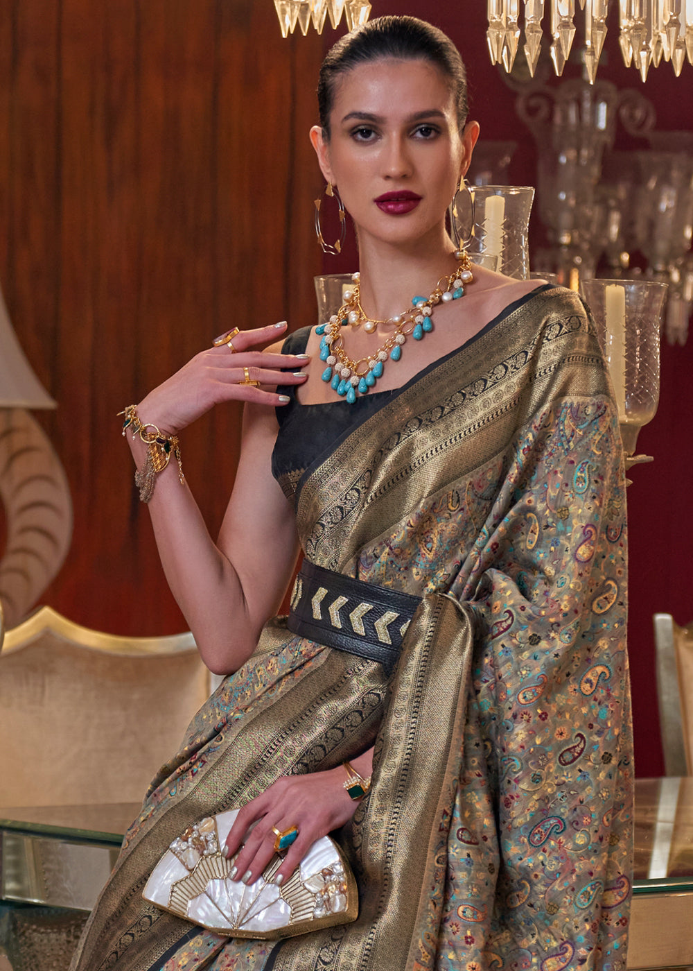 Golden Black Kashmiri Jamawar Woven Silk Saree