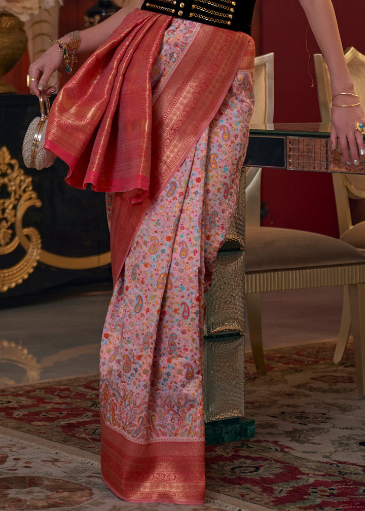 Light Pink Kashmiri Jamawar Woven Silk Saree