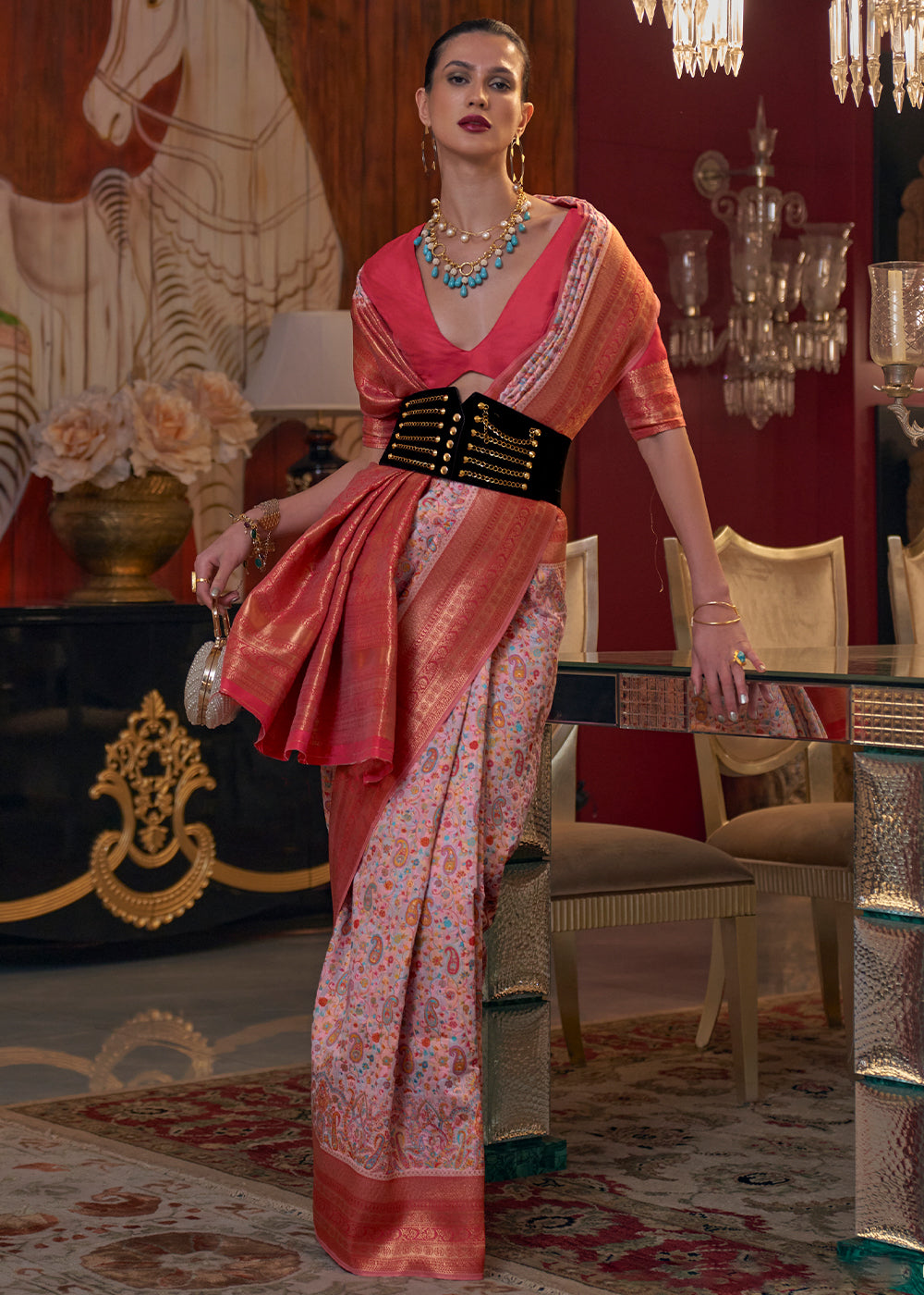 Light Pink Kashmiri Jamawar Woven Silk Saree