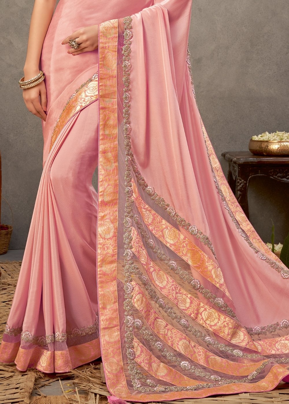 Lemonade Pink Satin Silk Saree with Resham & Cord Embroidery