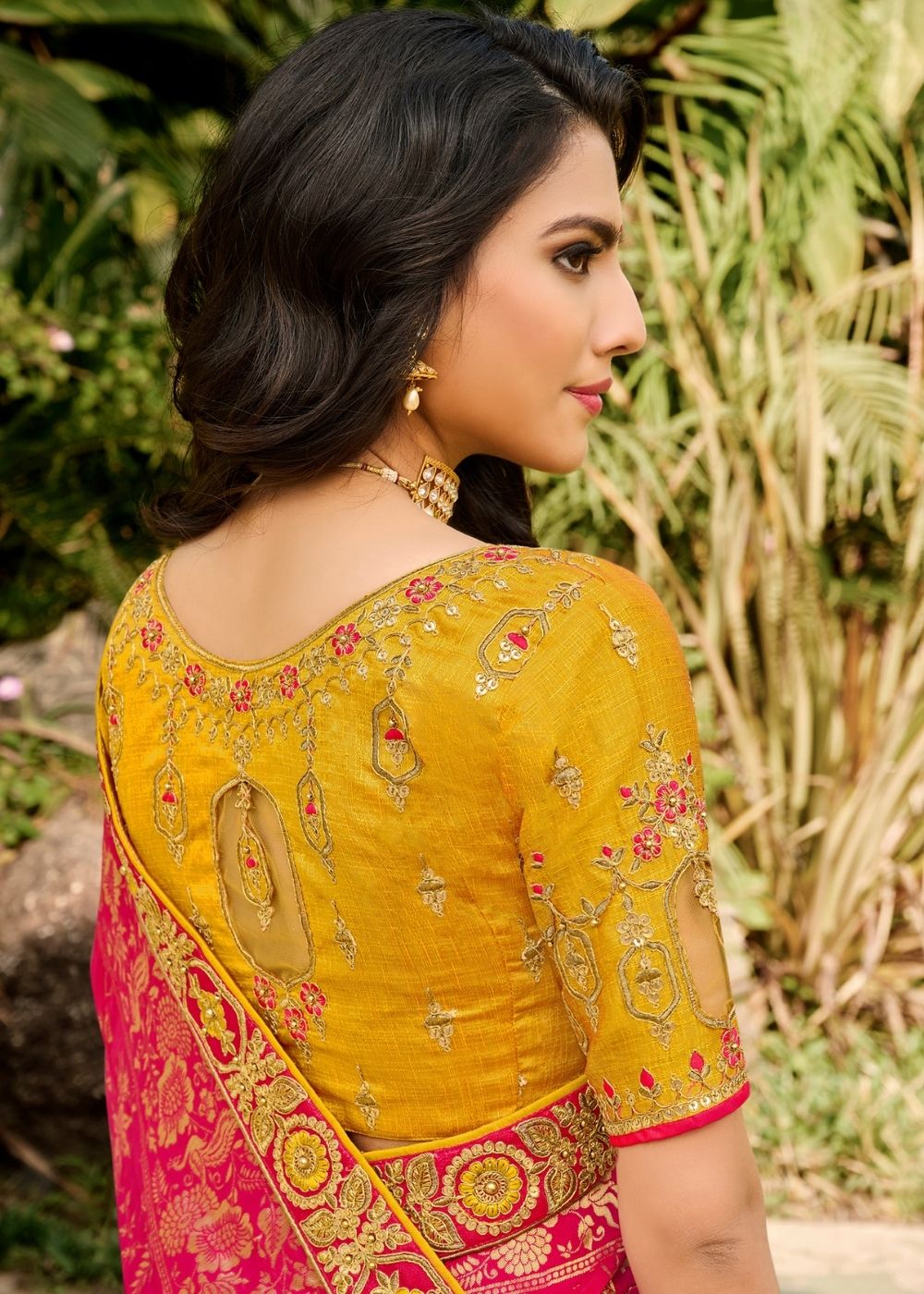 Yellow and Pink Half N Half Silk Saree with Embroidered work