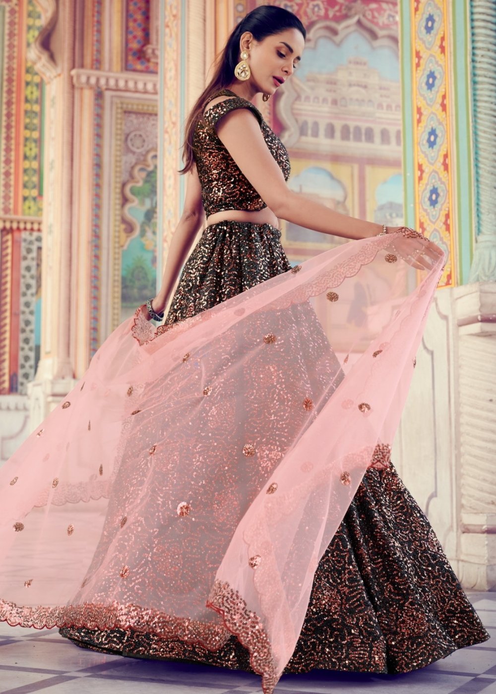 Black & Pink Designer Lehenga Choli with Sequins work