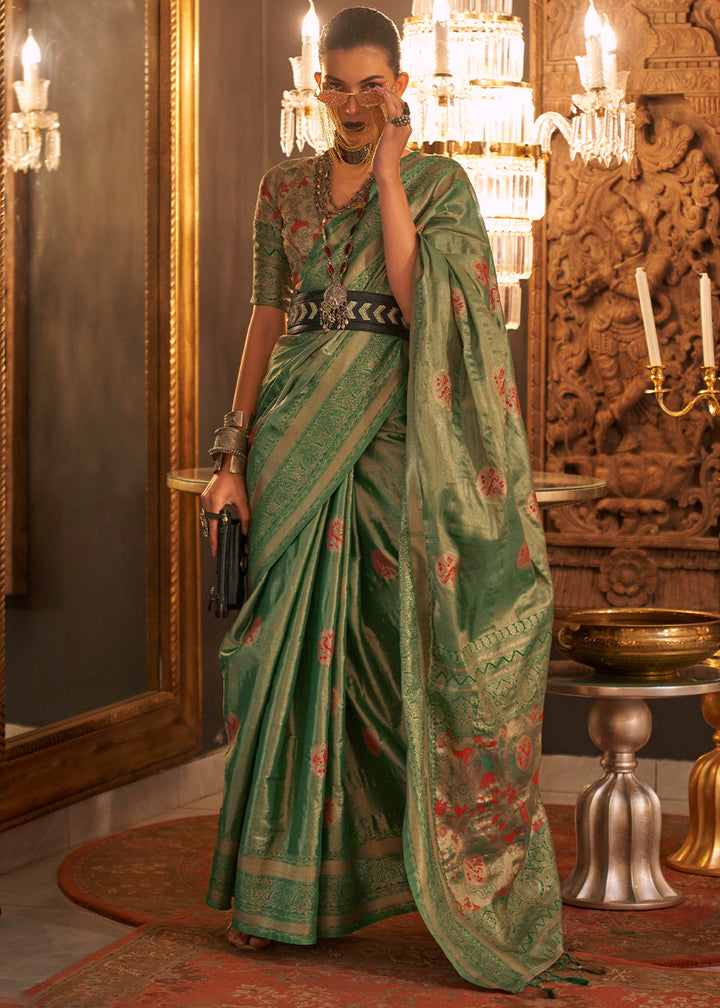 Shades Of Green Zari Handloom Woven Designer Silk Saree