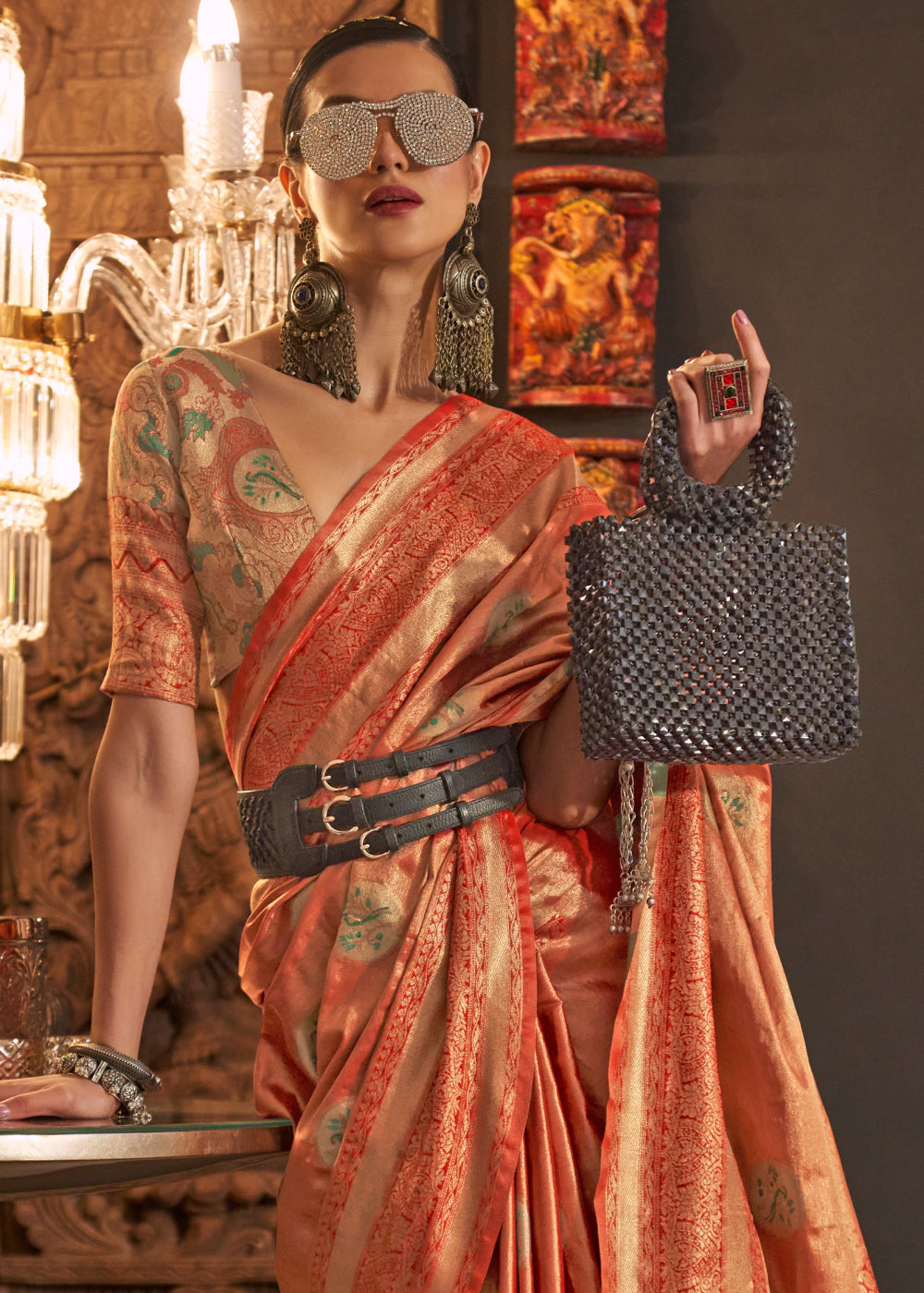 Shades Of Orange Zari Handloom Woven Designer Silk Saree