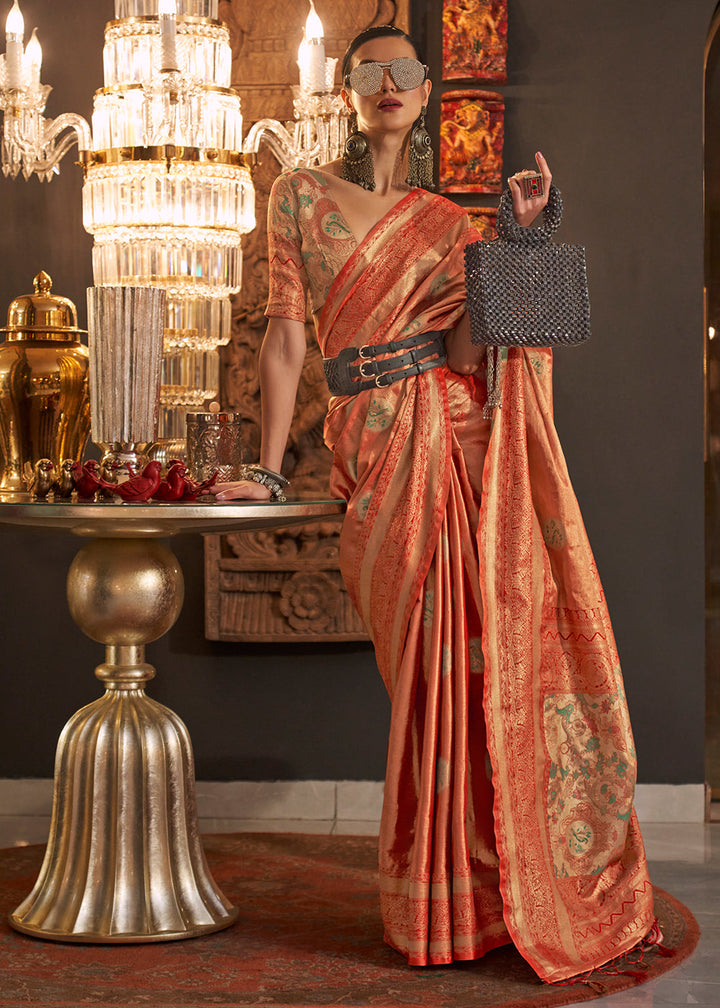 Shades Of Orange Zari Handloom Woven Designer Silk Saree