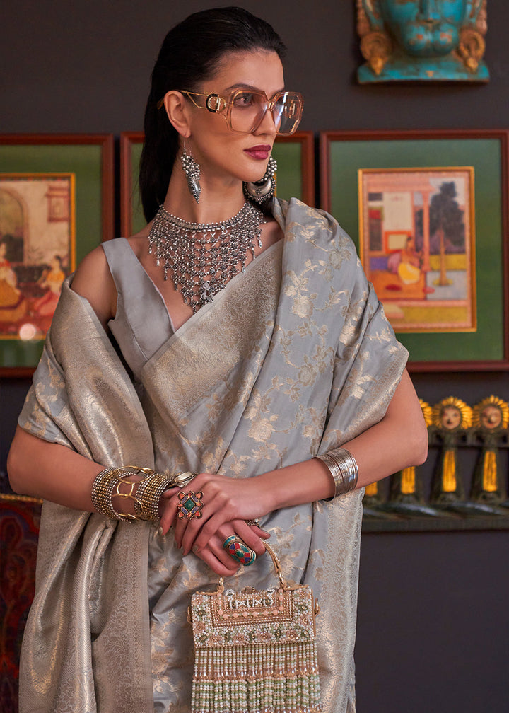 Oxford Grey Zari Woven Banarasi Katan Silk Saree