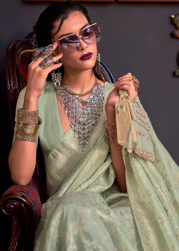 Pastel Green Zari Woven Banarasi Katan Silk Saree