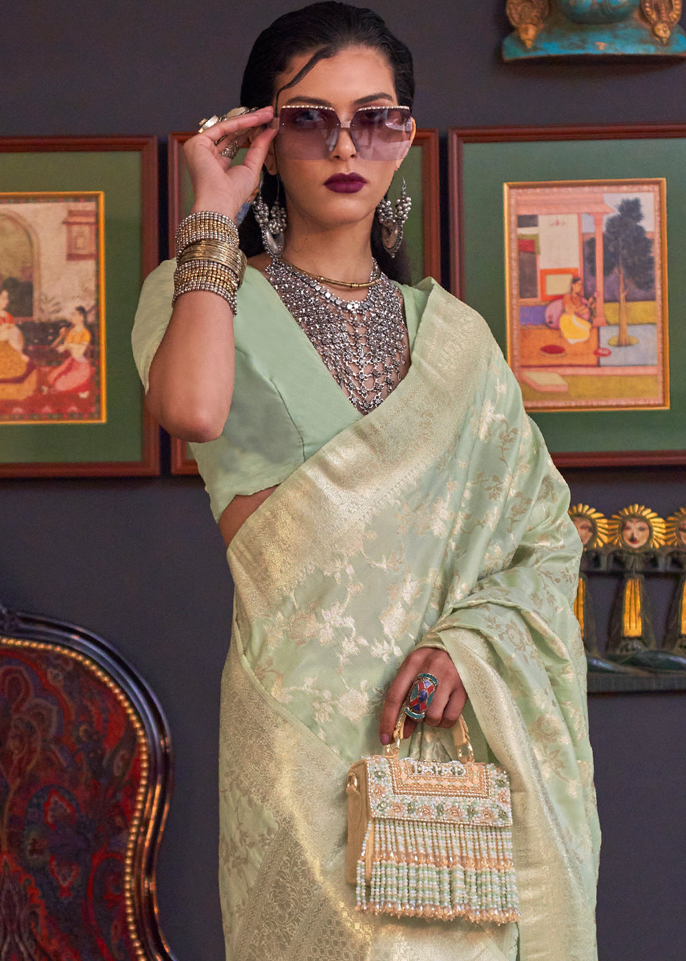 Pastel Green Zari Woven Banarasi Katan Silk Saree