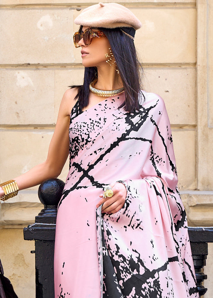 Light Pink Designer Satin Crepe Printed Saree
