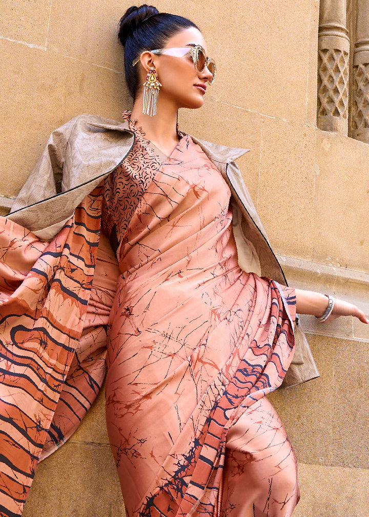 Shades Of Orange Designer Satin Crepe Printed Saree