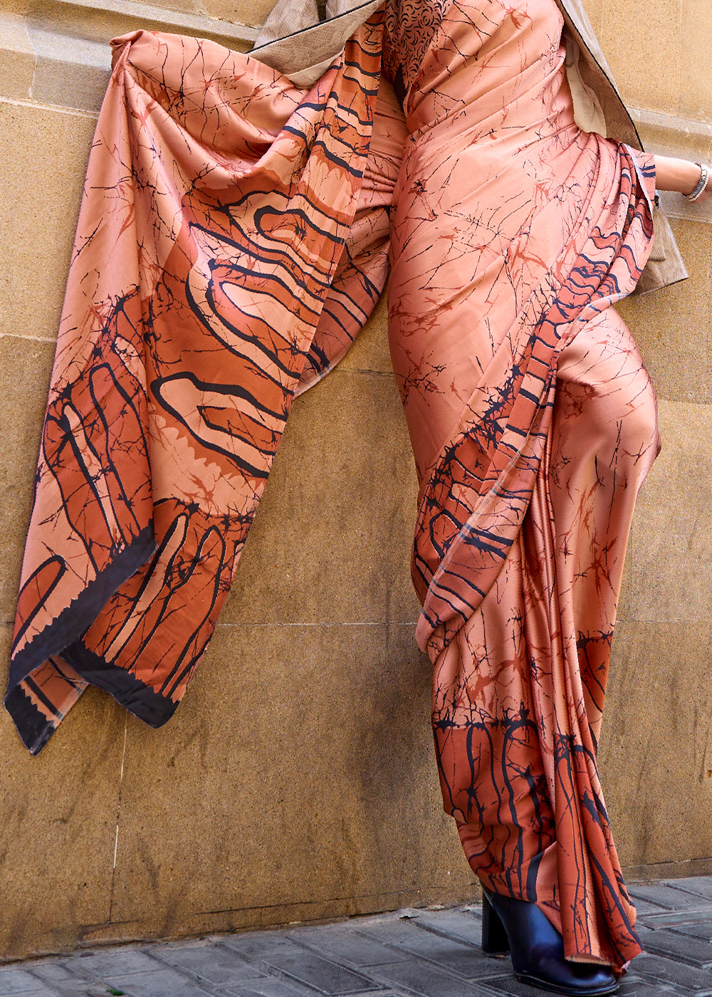 Shades Of Orange Designer Satin Crepe Printed Saree
