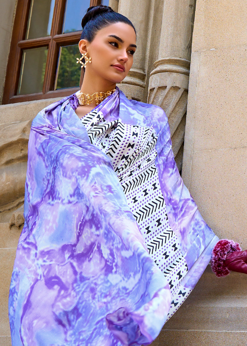 White & Purple Designer Satin Crepe Printed Saree