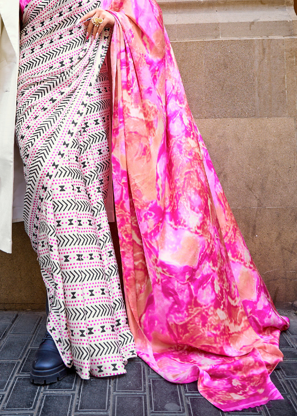 White & Pink Designer Satin Crepe Printed Saree
