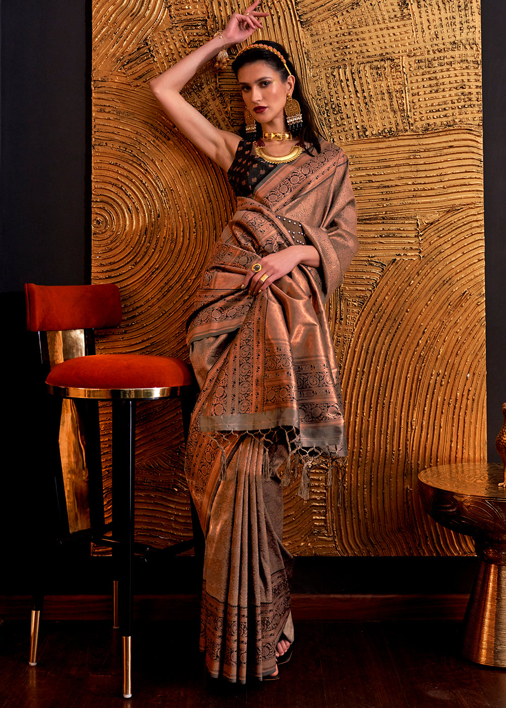 Metallic Brown Handloom Woven Designer Silk Saree