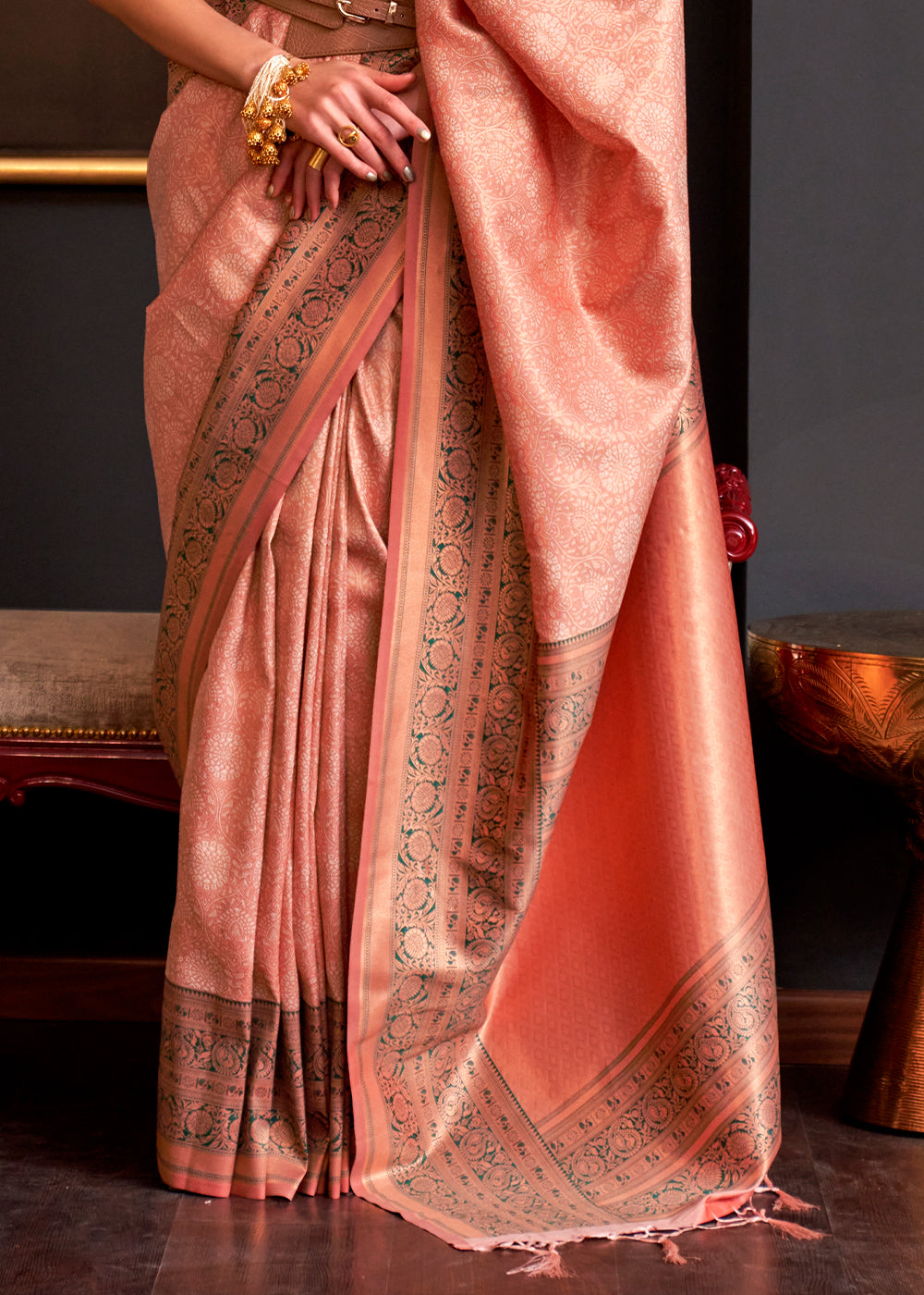 Coral Orange Handloom Woven Designer Silk Saree