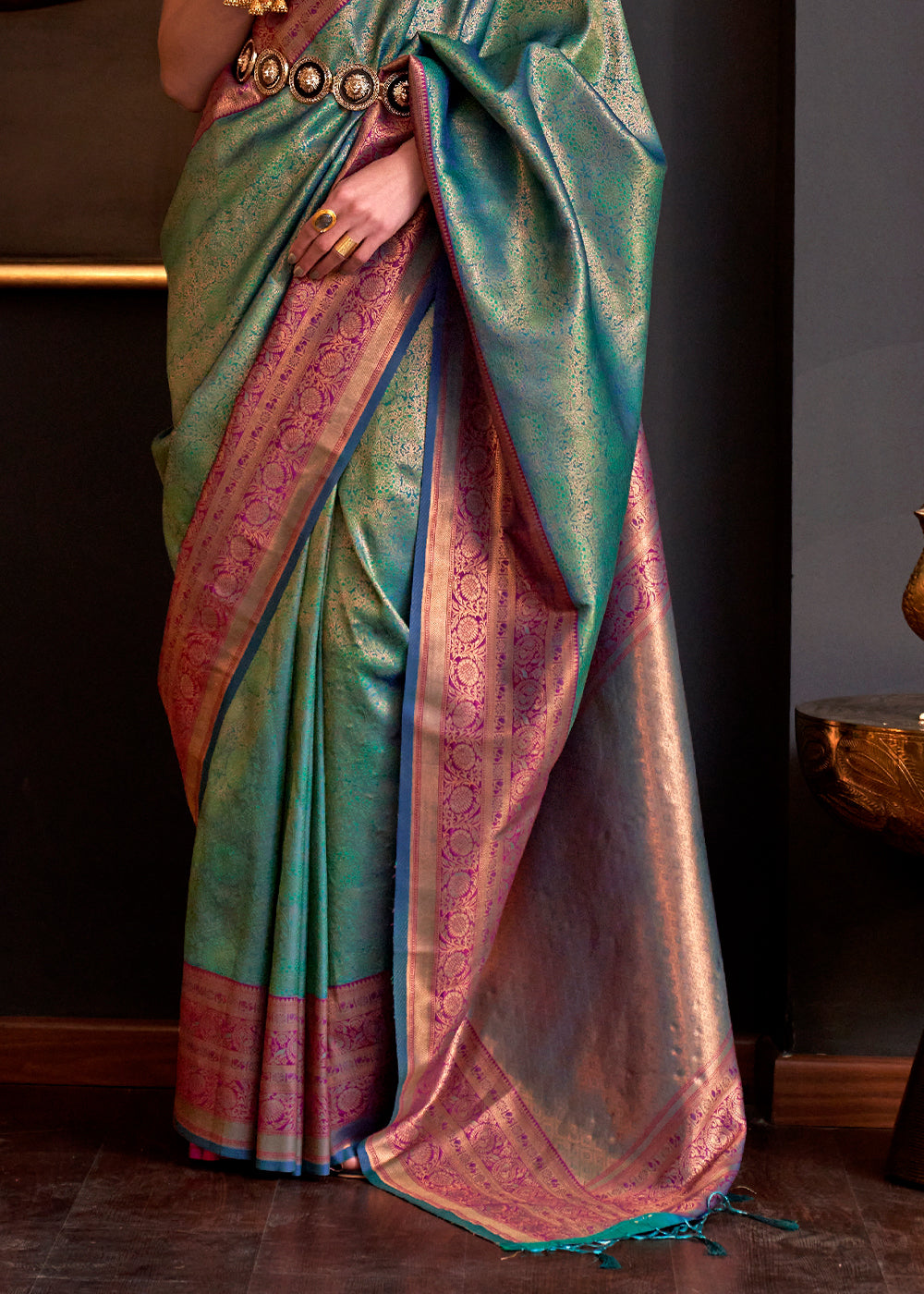 Metallic Green Handloom Woven Designer Silk Saree