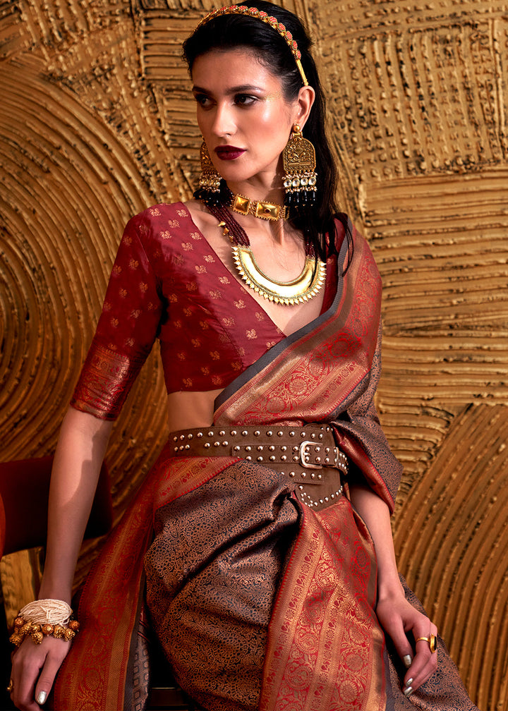 Red & Brown Handloom Woven Designer Silk Saree