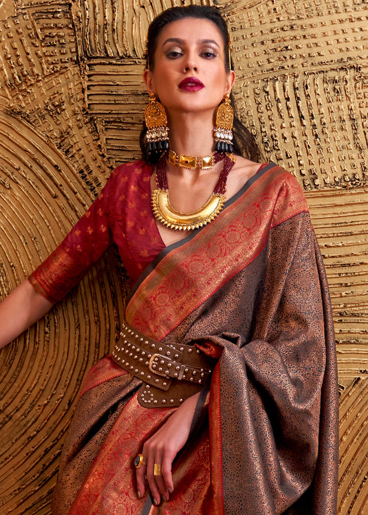 Red & Brown Handloom Woven Designer Silk Saree