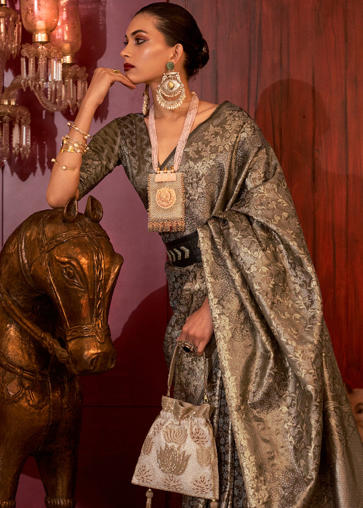 Shades Of Black Zari Woven Banarasi Brocade Silk Saree
