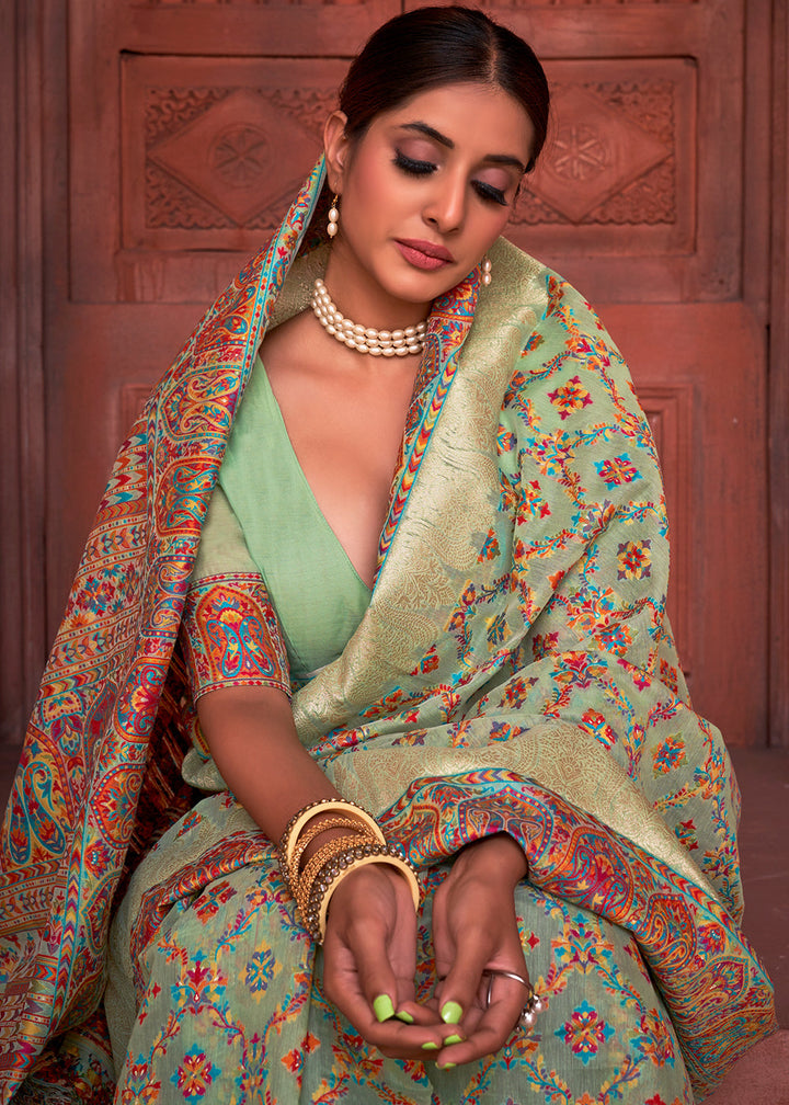 Pastel Green Banarasi Kora Silk Saree with Pashmina Weaving & Zari Border Pallu