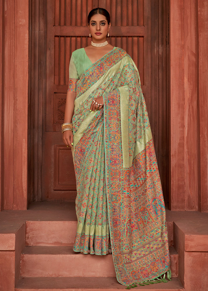 Pastel Green Banarasi Kora Silk Saree with Pashmina Weaving & Zari Border Pallu