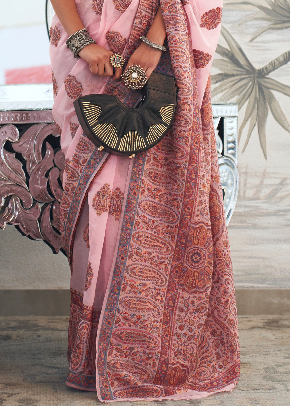 Flamingo Pink Kashmiri Handloom Weaving Silk Saree