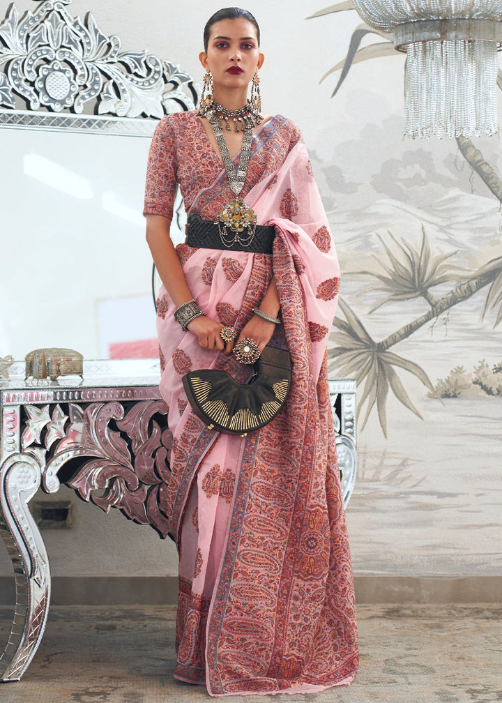 Flamingo Pink Kashmiri Handloom Weaving Silk Saree