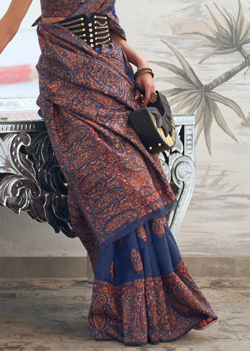 Trypan Blue Kashmiri Handloom Weaving Silk Saree