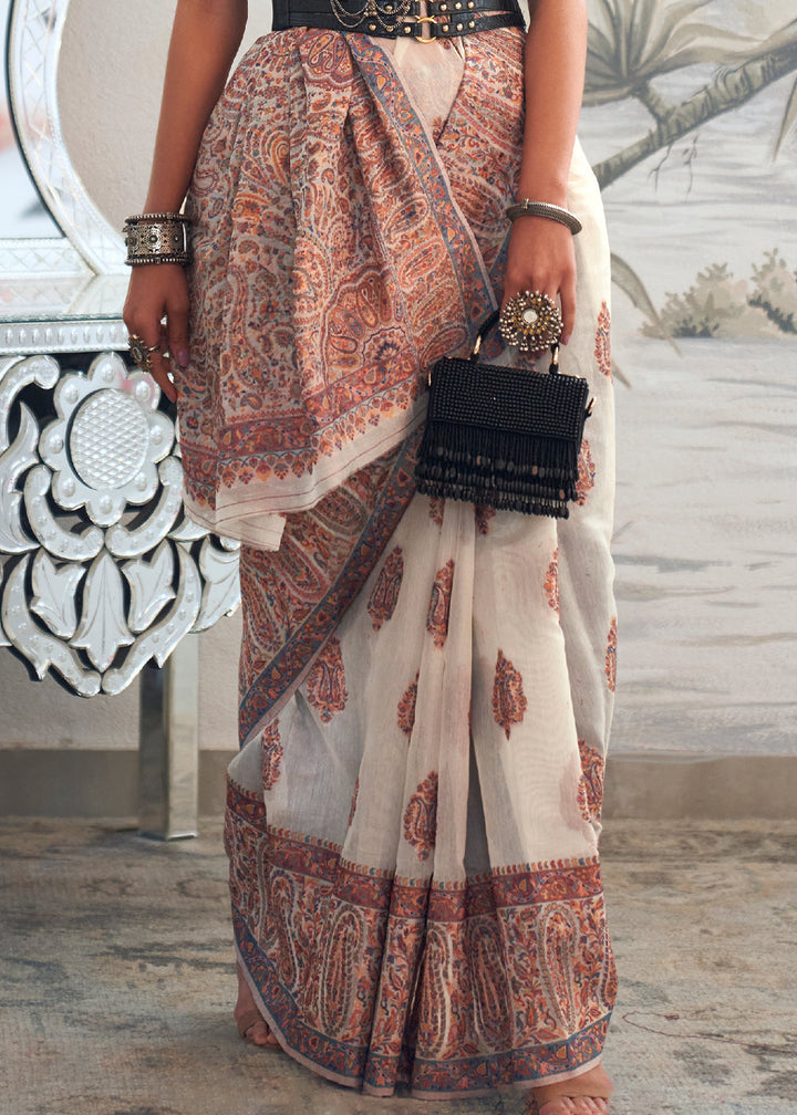 Pearl White Kashmiri Handloom Weaving Silk Saree