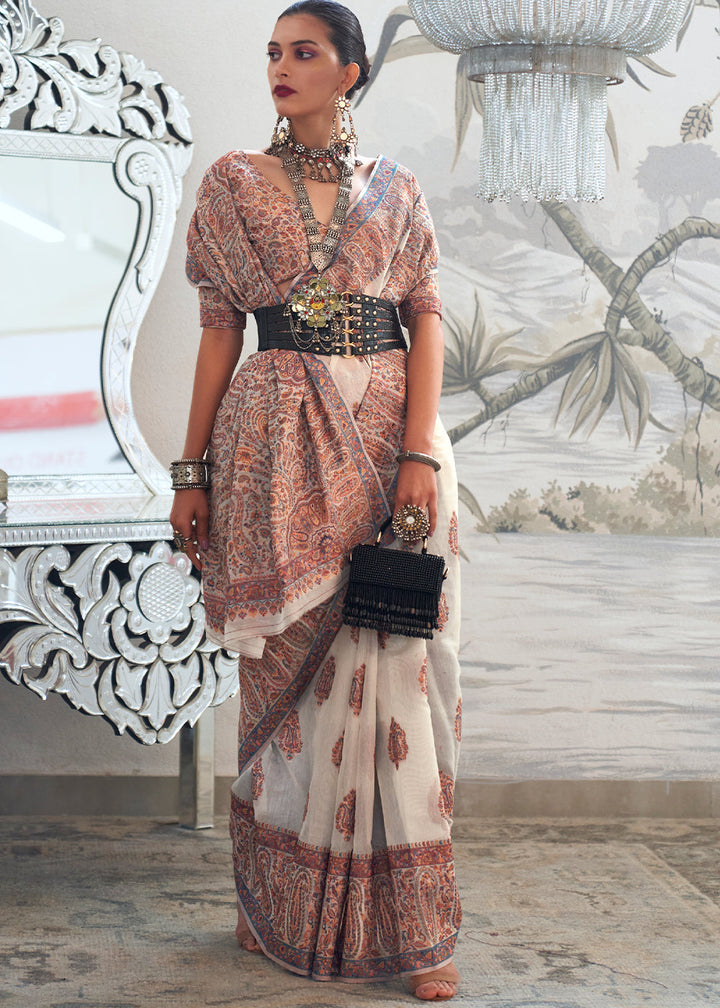 Pearl White Kashmiri Handloom Weaving Silk Saree