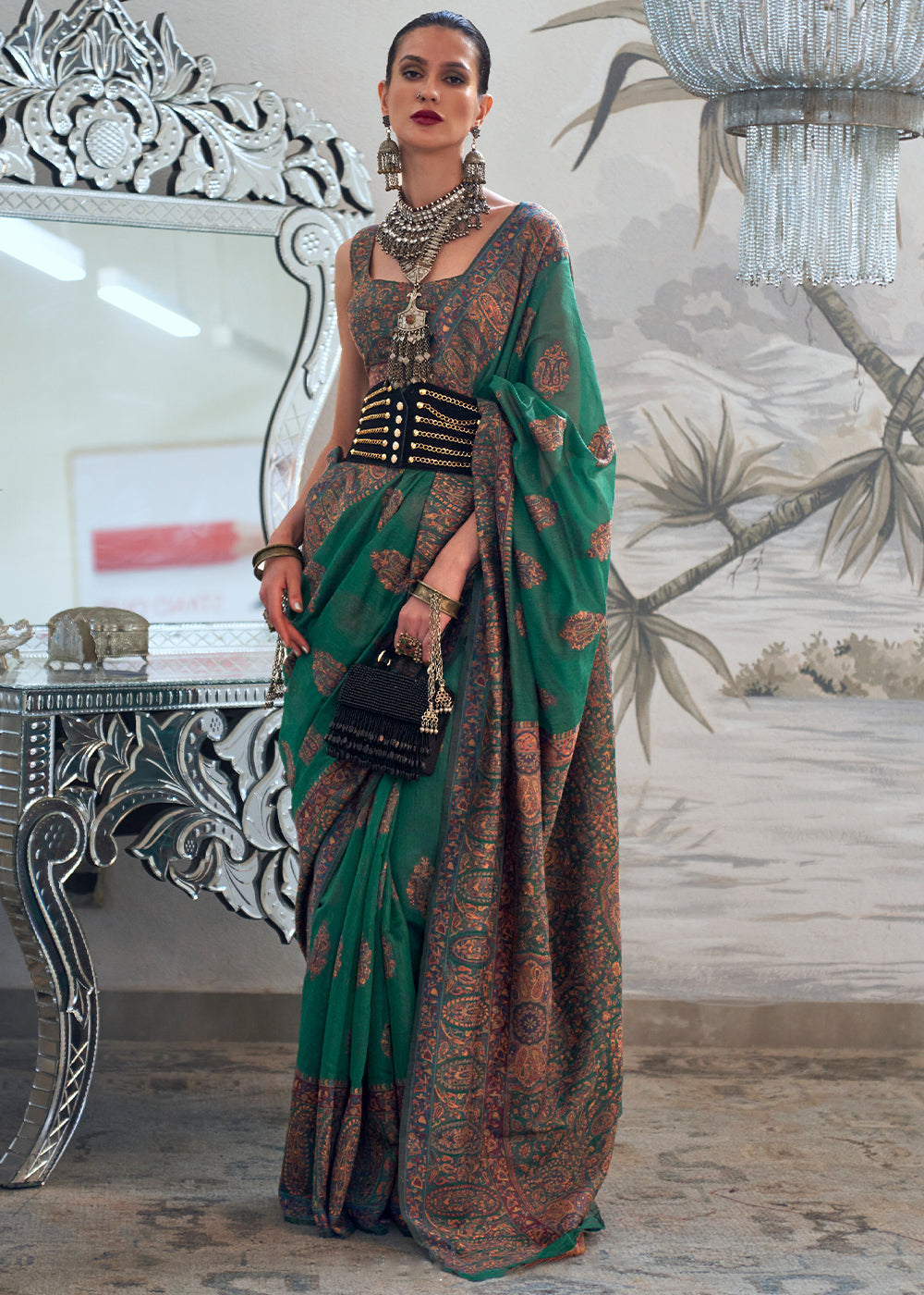 Jade Green Kashmiri Handloom Weaving Silk Saree