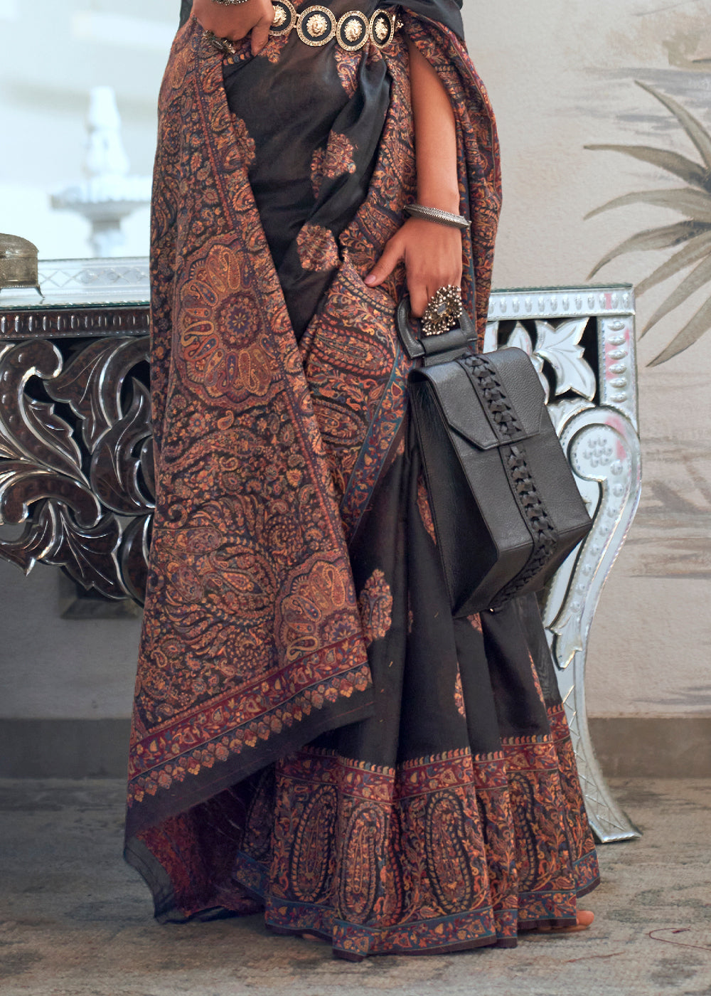 Midnight Black Kashmiri Handloom Weaving Silk Saree