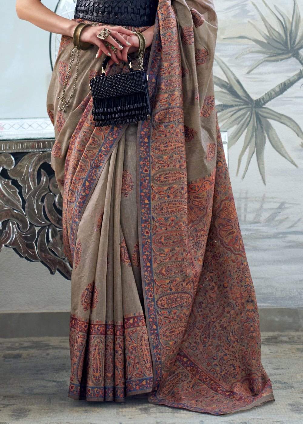 Thunder Grey Kashmiri Handloom Weaving Silk Saree