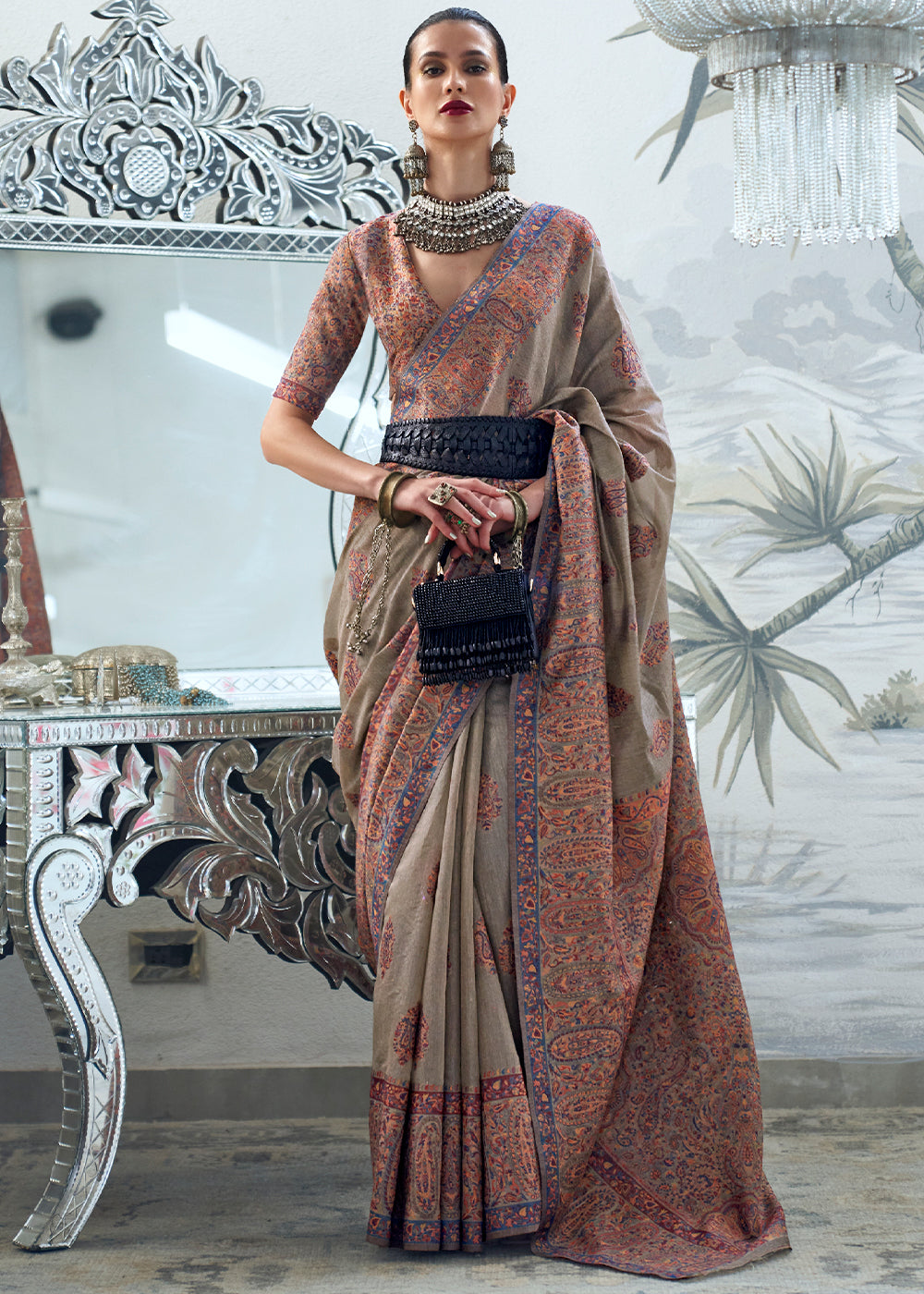 Thunder Grey Kashmiri Handloom Weaving Silk Saree