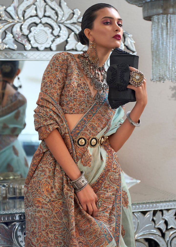 Baby Blue Kashmiri Handloom Weaving Silk Saree