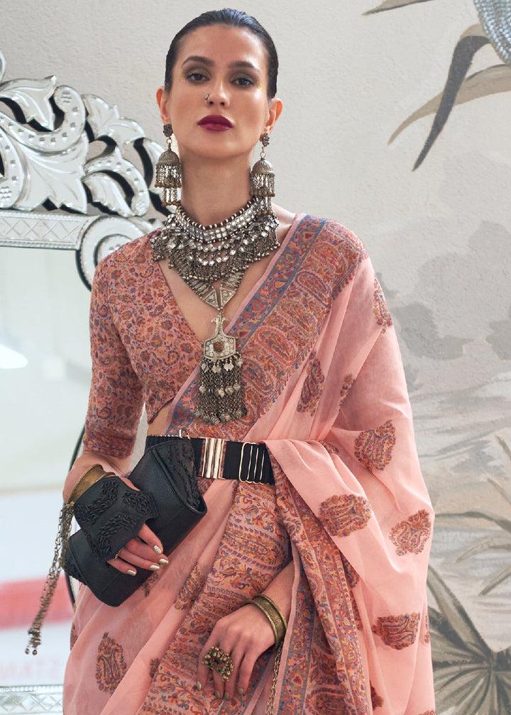 Peach Pink Kashmiri Handloom Weaving Silk Saree