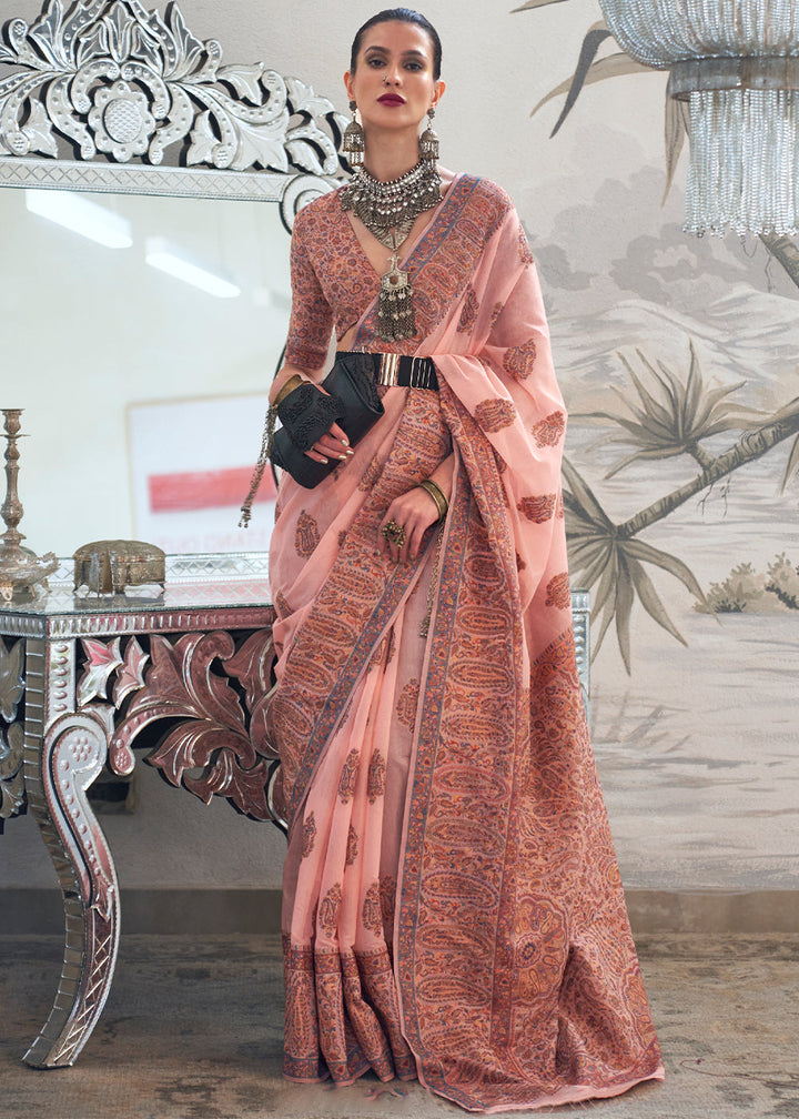 Peach Pink Kashmiri Handloom Weaving Silk Saree