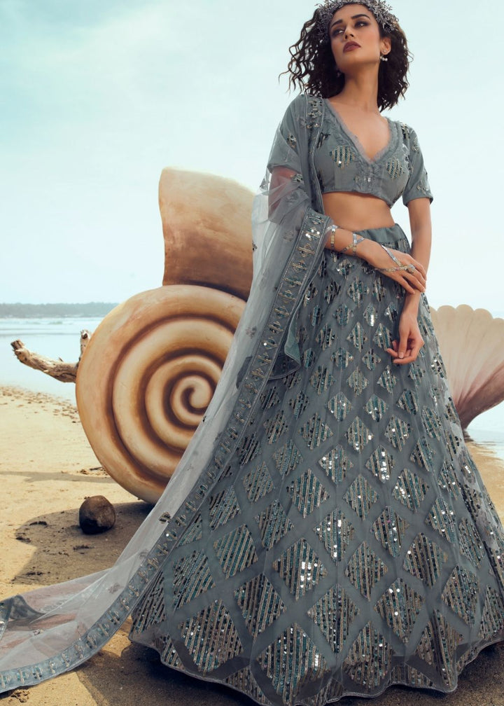 Anchor Grey Soft Net Designer Lehenga Choli with overall Sequins and Thread work