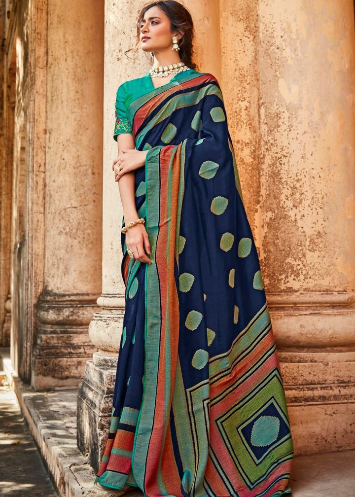 Navy Blue Soft Silk Saree with Embroidered Blouse