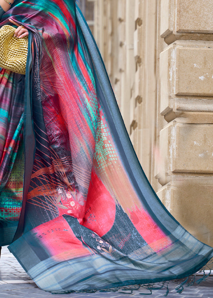 Multi Colored Digital Floral Printed Silk Saree