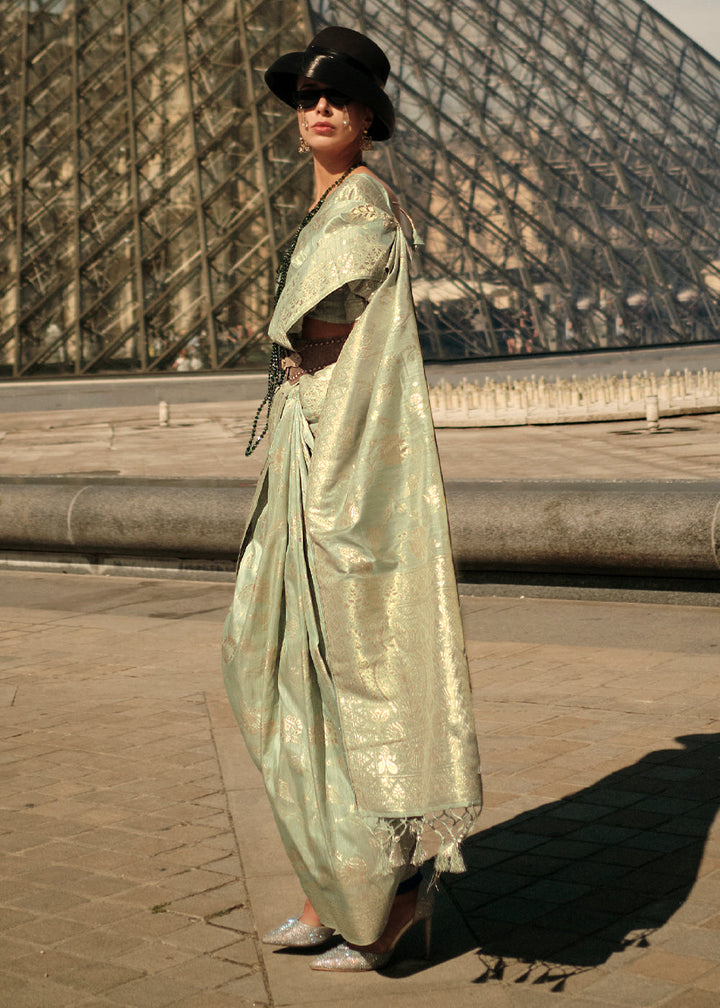 Tea Green Gota Zari Handloom Weaving Silk Saree